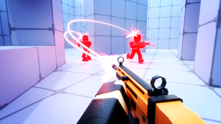 First-person RIVALS duel with a golden assault rifle firing tracer rounds at two opponents in a bright blue arena
