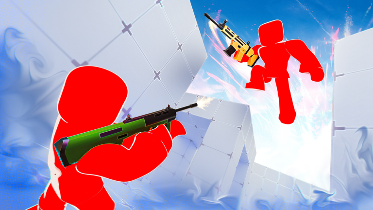 RIVALS player leaping between platforms while firing a golden assault rifle