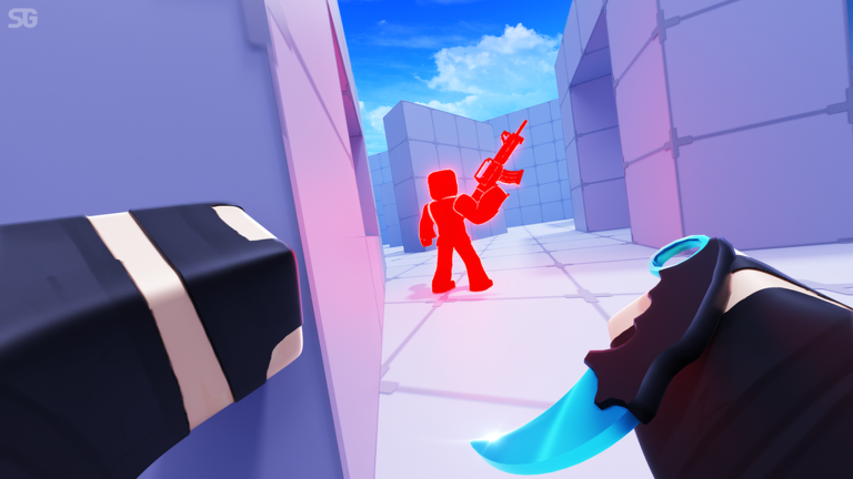 RIVALS sniper aiming at a highlighted opponent across a bright arena