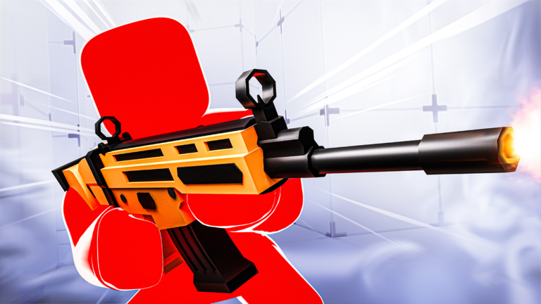 RIVALS character holding a golden rifle with a muzzle flash at the barrel