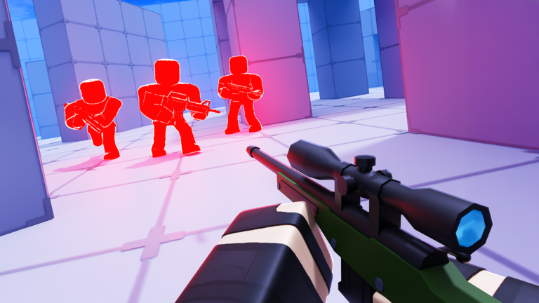 First-person RIVALS match with three opponents in a blue and purple arena