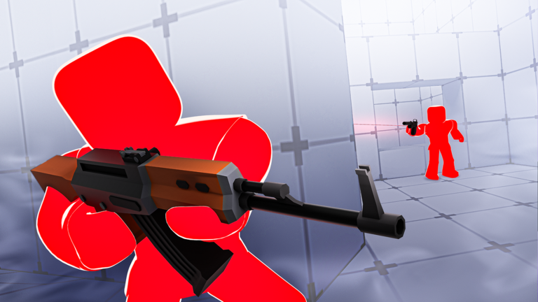 Close view of an assault rifle held by a RIVALS character facing a distant opponent
